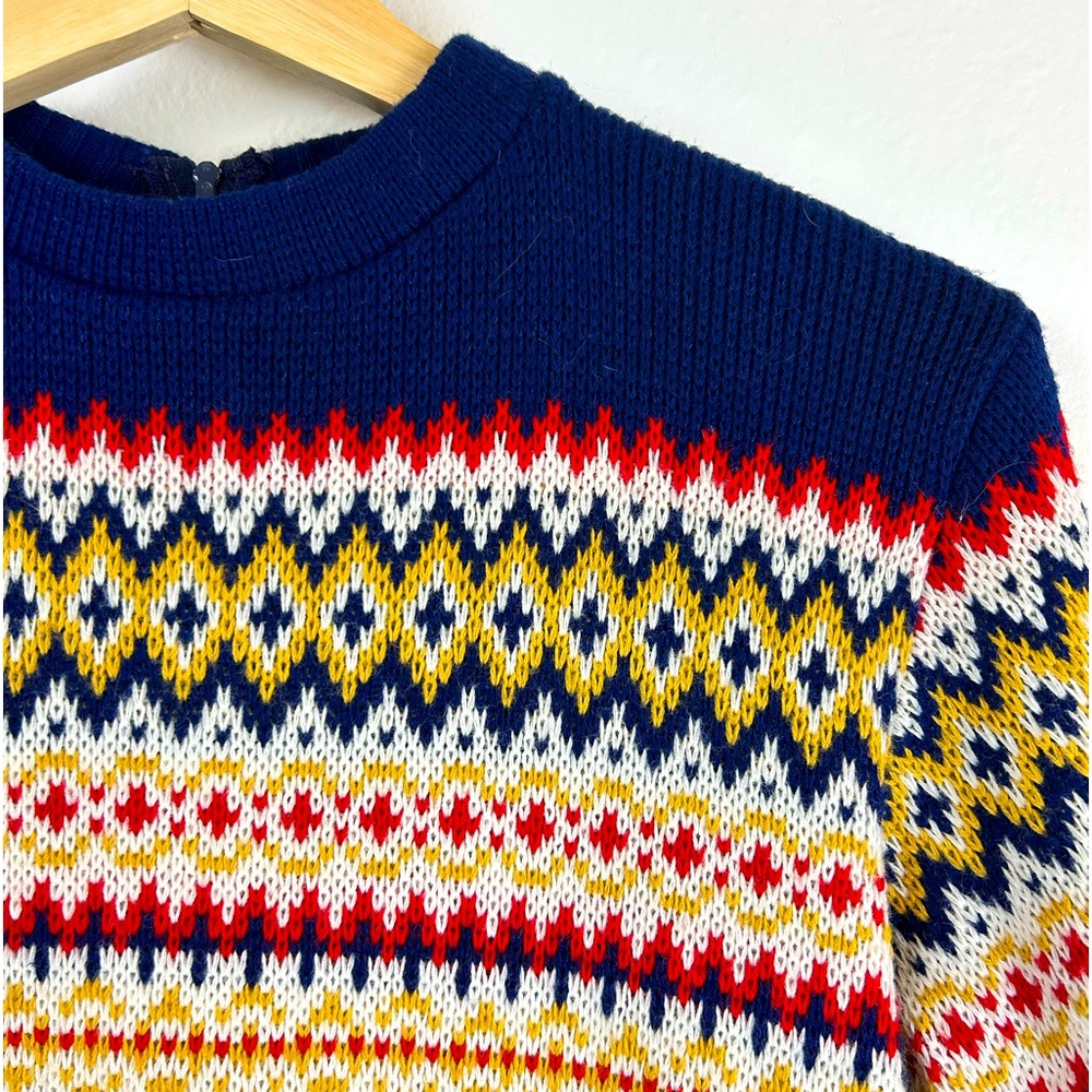 Vintage Ski Sweater Red Blue Mustard Pullover Chunky Fair Isle. Zipper back.